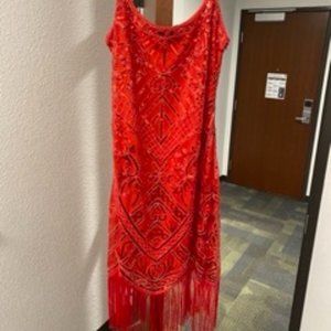 Red Sequined Tassel Dress Size L